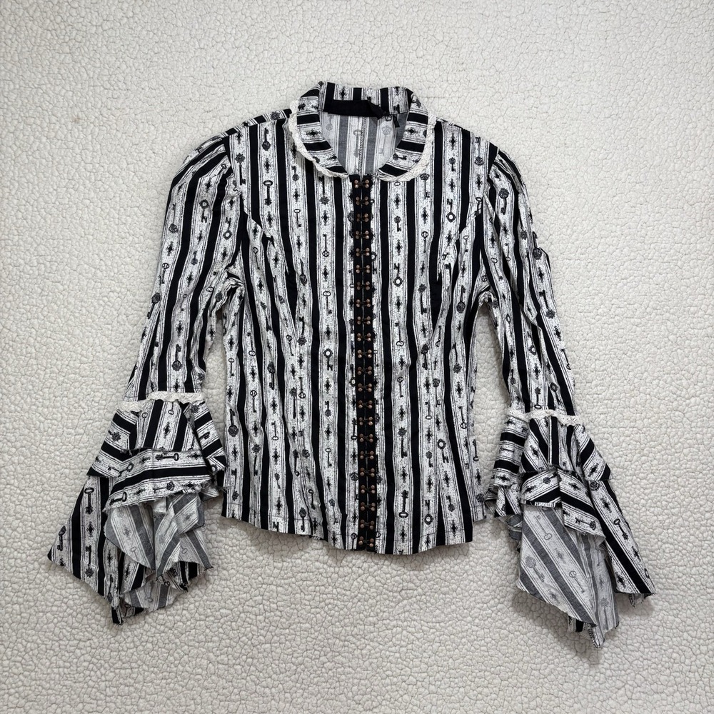 RARE Lip Service Blouse Bell Sleeve Victorian Clasps AOP Skeleton Key Shirt Goth